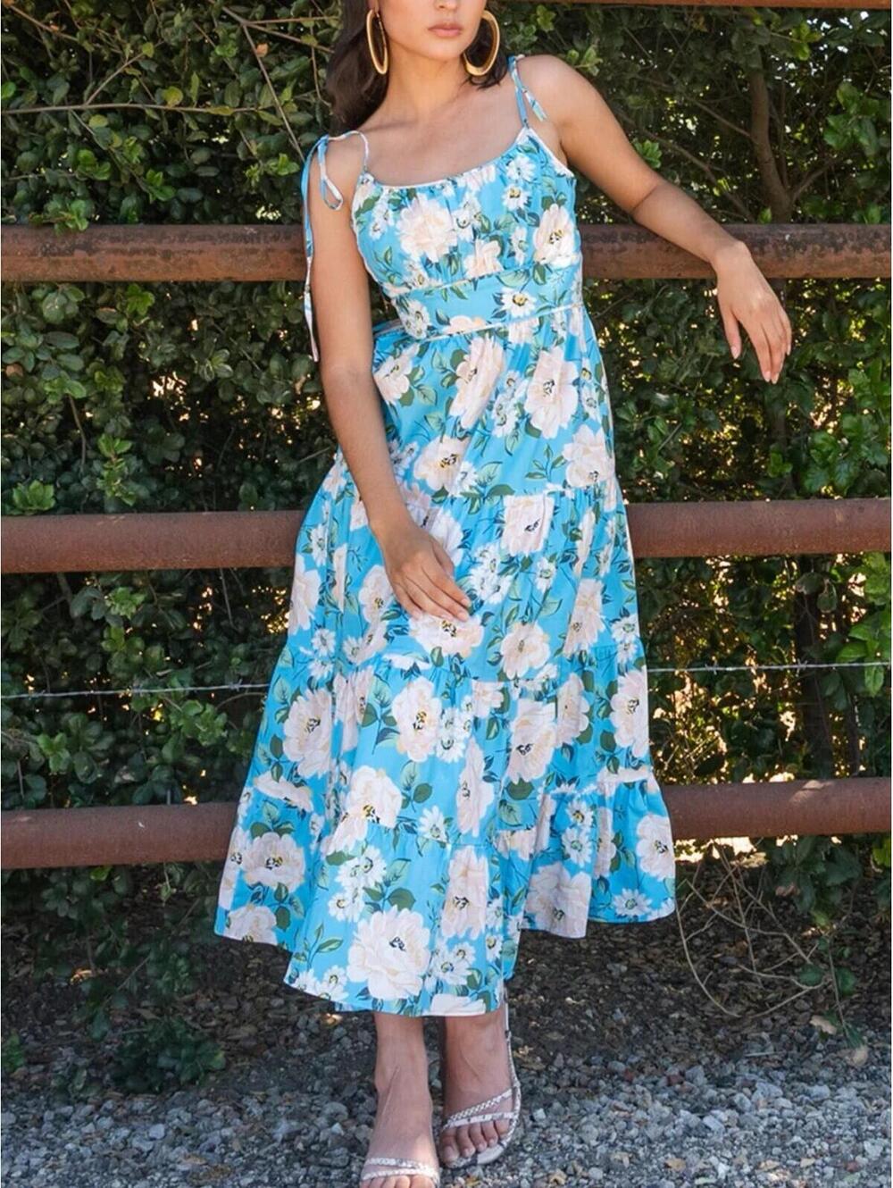 Yumi Kim Wonder Garden Blue Floral Tie Strap Midi Dress Size 6